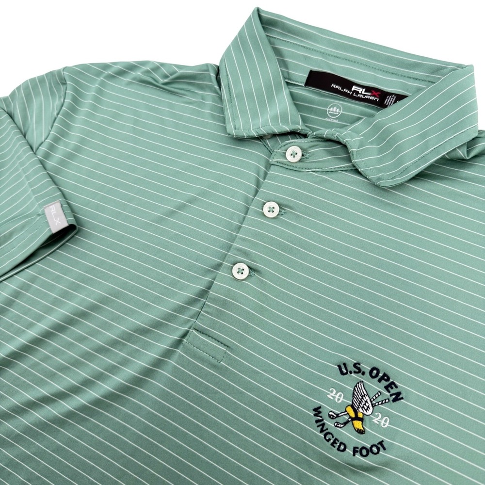 RLX Ralph Lauren Polo Shirt Mens L Green Striped US Open 2020 Winged Foot Golf
